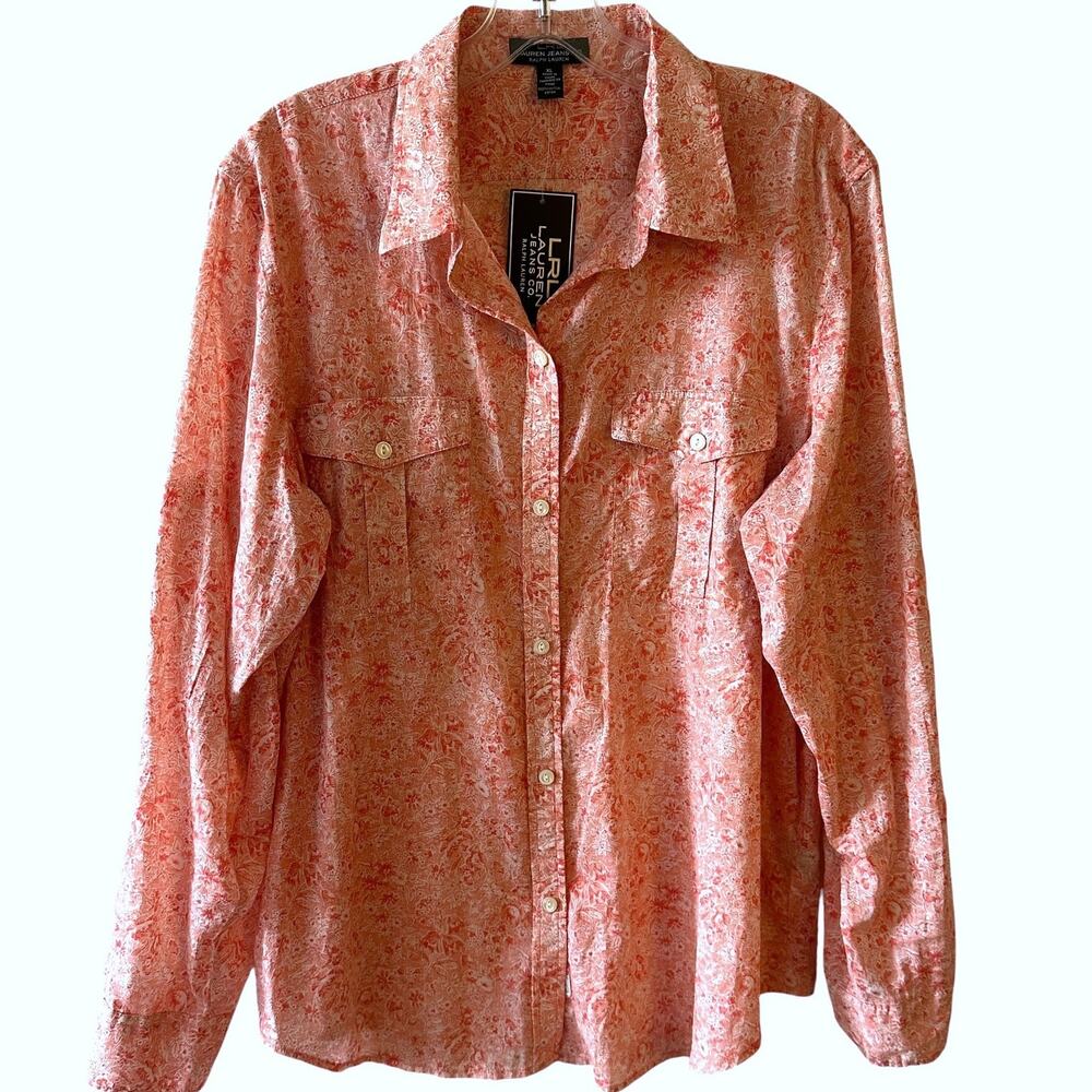 LRL Lauren Jeans NEW Floral Button Top Womens XL Coral Preppy Classic Shirt NWT